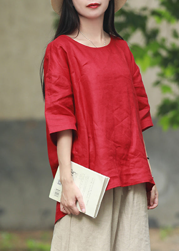 Unique Red Low High Design Linen Top Half Sleeve