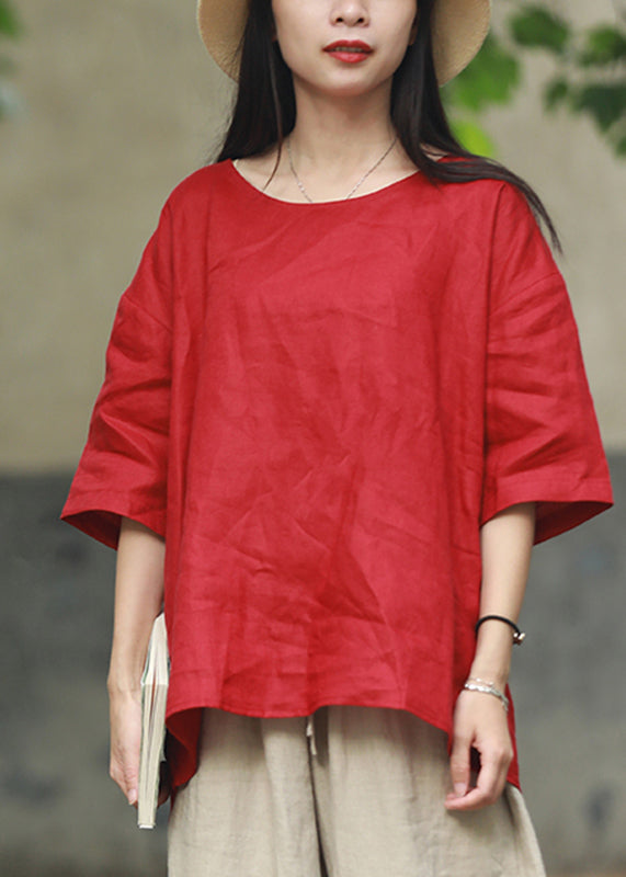 Unique Red Low High Design Linen Top Half Sleeve