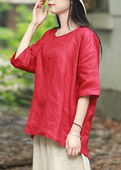 Unique Red Low High Design Linen Top Half Sleeve