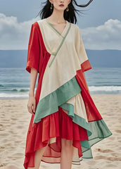 Unique V Neck Asymmetrical Patchwork Cotton Dress Summer