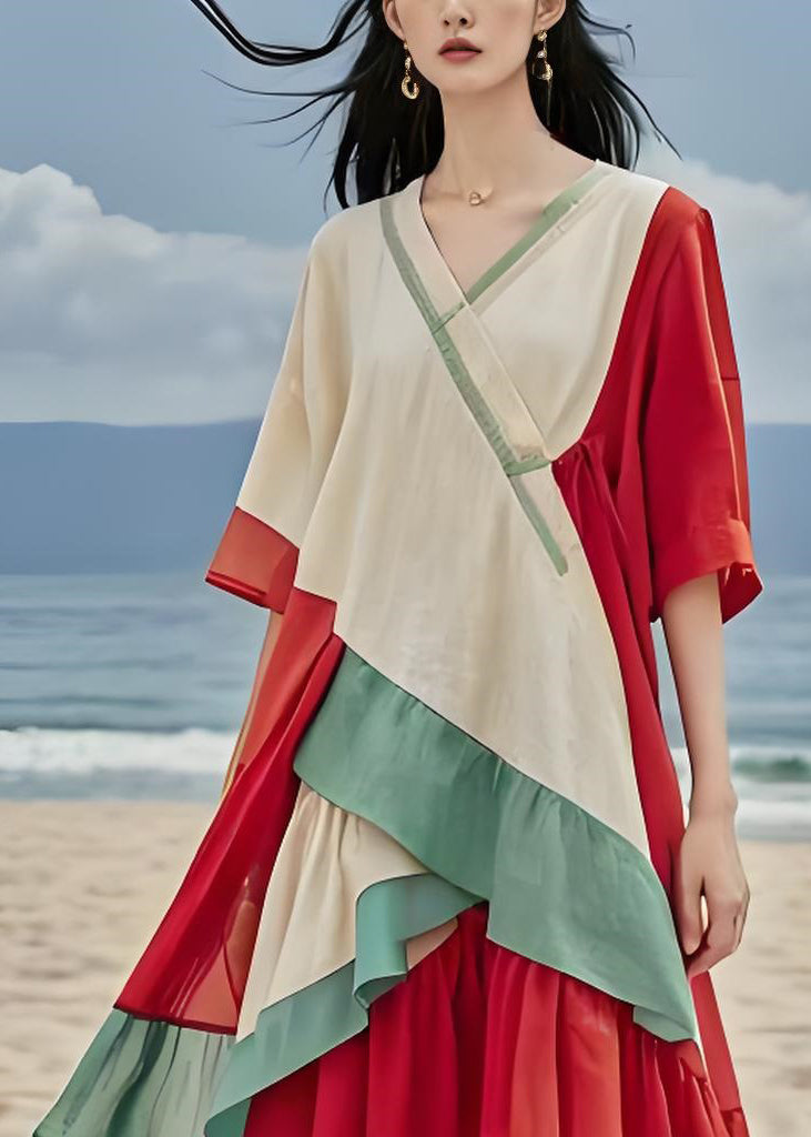 Unique V Neck Asymmetrical Patchwork Cotton Dress Summer