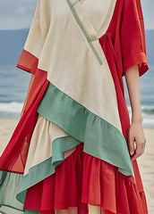 Unique V Neck Asymmetrical Patchwork Cotton Dress Summer