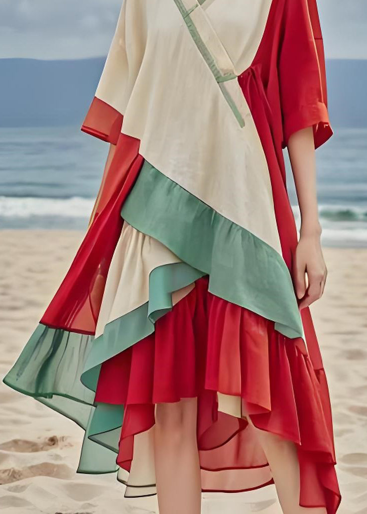 Unique V Neck Asymmetrical Patchwork Cotton Dress Summer