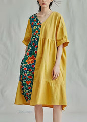 Unique Yellow V Neck Print Patchwork Cotton Mid Dresses Summer