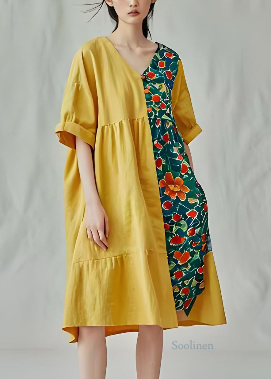 Unique Yellow V Neck Print Patchwork Cotton Mid Dresses Summer