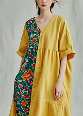 Unique Yellow V Neck Print Patchwork Cotton Mid Dresses Summer