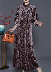 Vintage Chocolate Jacquard Silk Velvet Long Dress Two Piece Set Fall