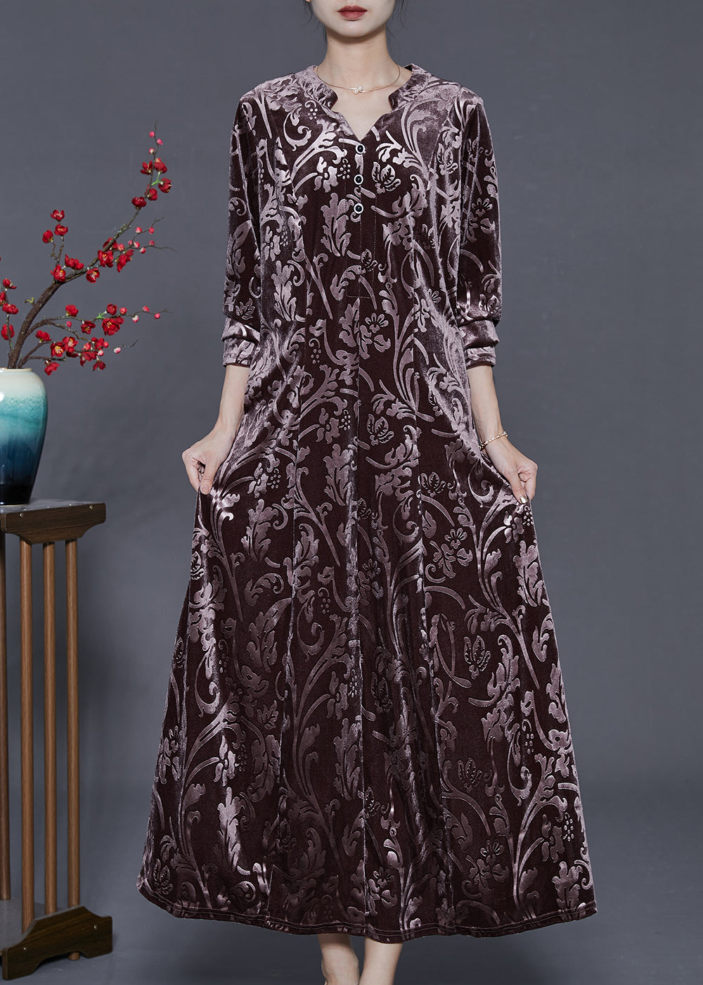 Vintage Chocolate Jacquard Silk Velvet Long Dress Two Piece Set Fall