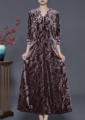 Vintage Chocolate Jacquard Silk Velvet Long Dress Two Piece Set Fall