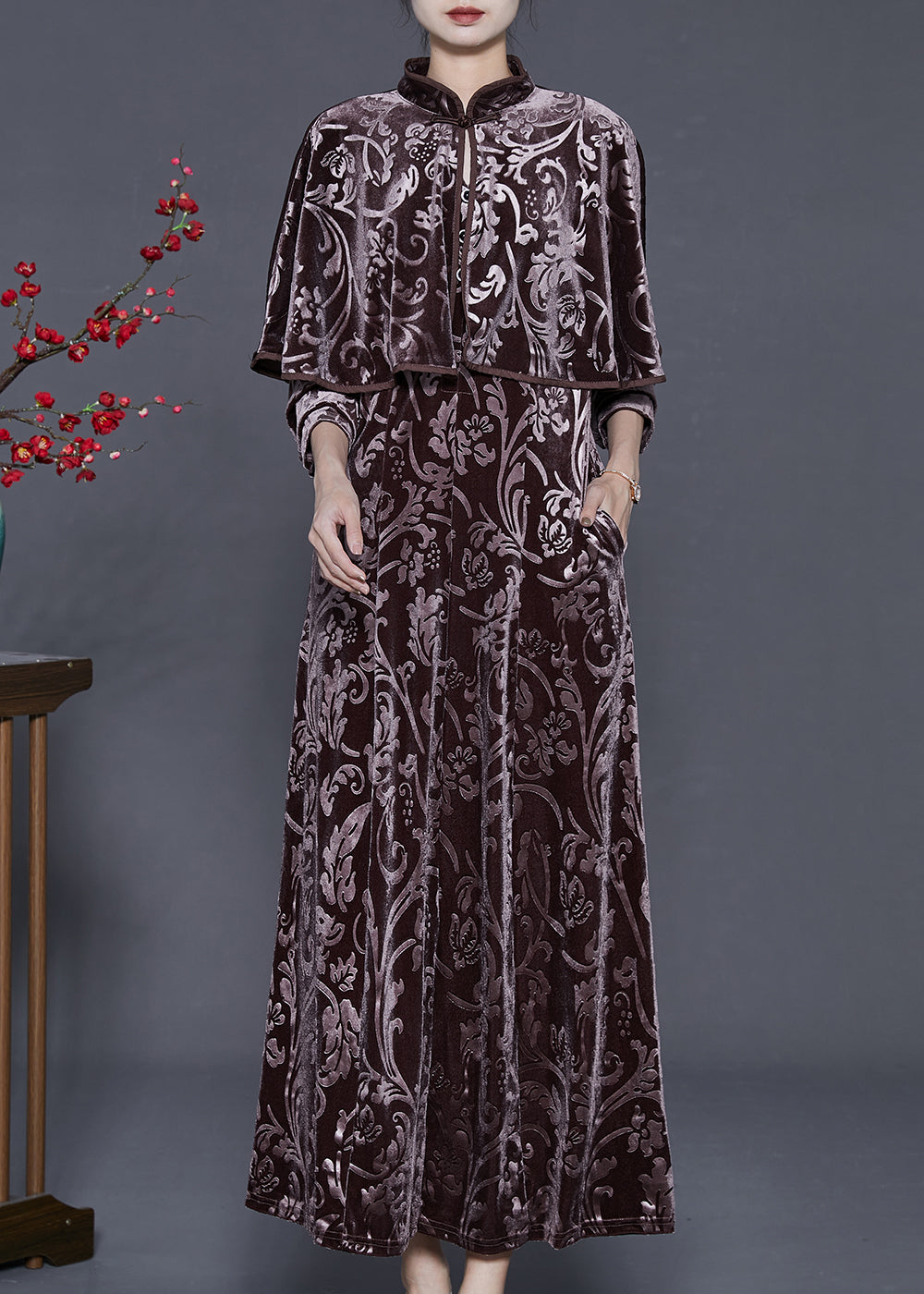 Vintage Chocolate Jacquard Silk Velvet Long Dress Two Piece Set Fall