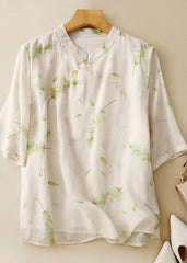 Vintage Green Stand Collar Print Linen Blouse Tops Summer