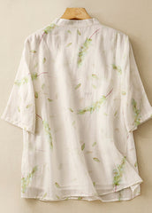 Vintage Green Stand Collar Print Linen Blouse Tops Summer