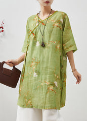 Vintage Green Tasseled Print Linen Oriental Dress Summer