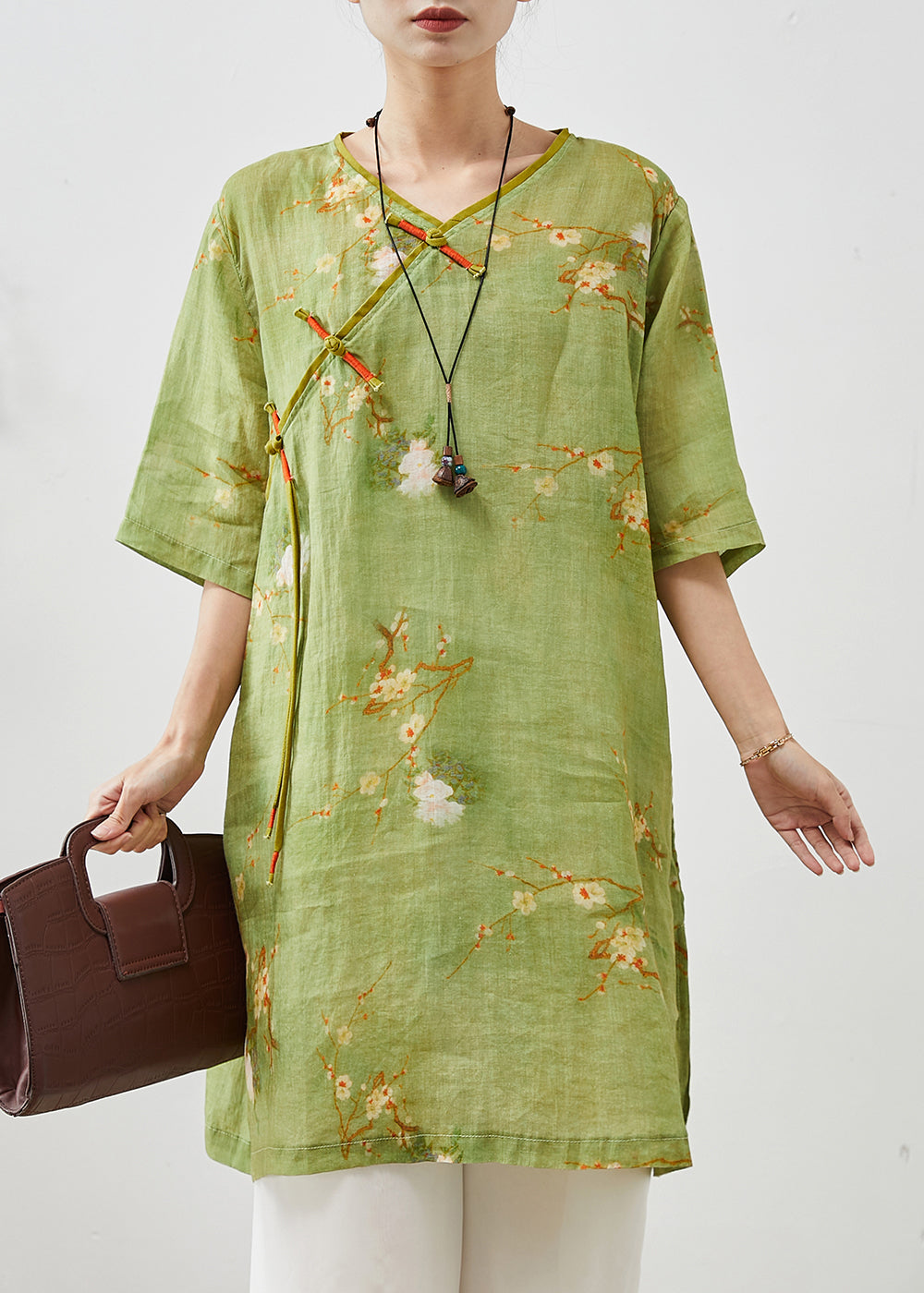 Vintage Green Tasseled Print Linen Oriental Dress Summer