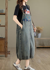 Vintage Grey Pockets Patchwork Drawstring Denim Maxi Dresses Summer