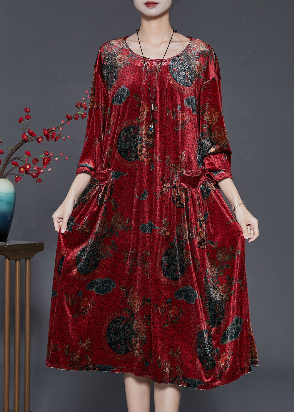 Vintage Mulberry Oversized Print Silk Velvet Dress Fall