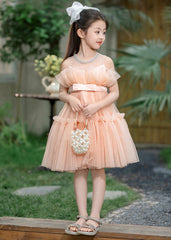 Vogue Orange Ruffled Patchwork Tulle Girls Long Dresses Summer