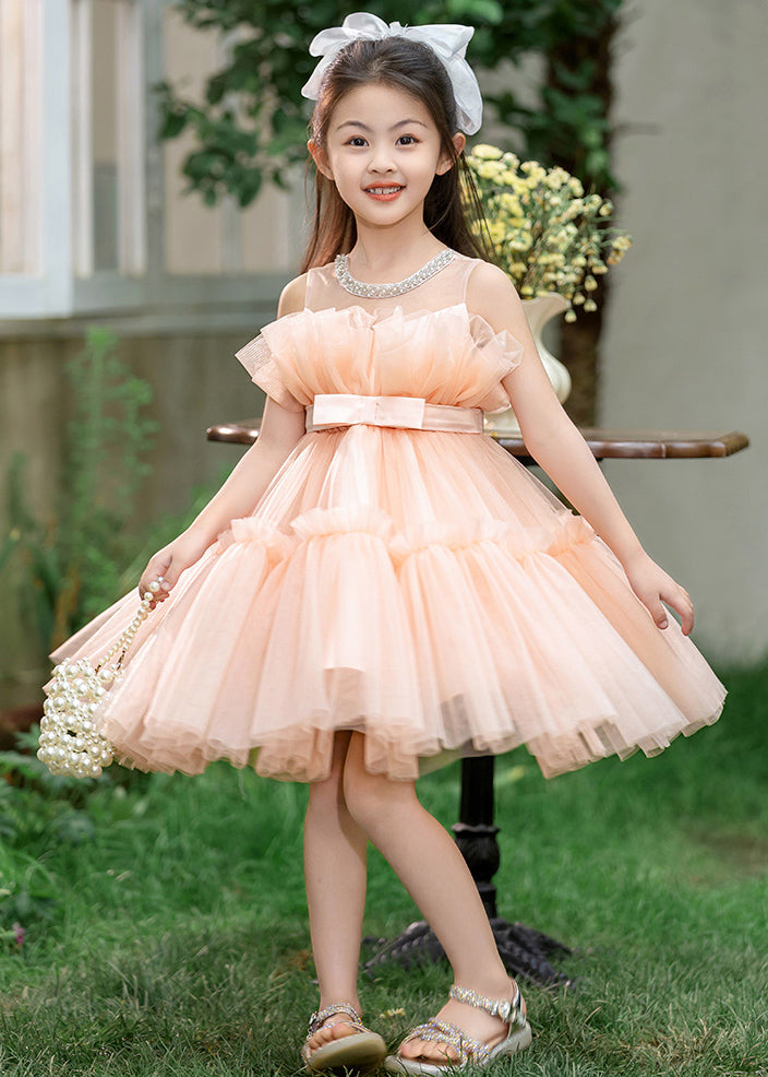 Vogue Orange Ruffled Patchwork Tulle Girls Long Dresses Summer