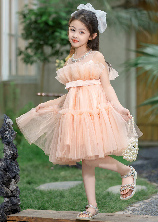 Vogue Orange Ruffled Patchwork Tulle Girls Long Dresses Summer