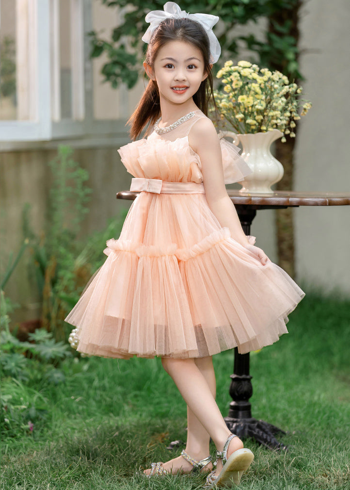 Vogue Orange Ruffled Patchwork Tulle Girls Long Dresses Summer