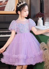 Vogue Purple O-Neck Ruffled Patchwork Tulle Kids Vacation Long Dresses Short Sleeve