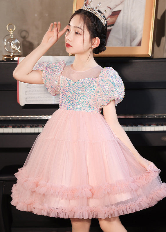 Vogue Purple O-Neck Ruffled Patchwork Tulle Kids Vacation Long Dresses Short Sleeve