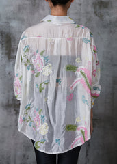 White Linen Silk UPF 50+ Shirt Top Embroidered Summer