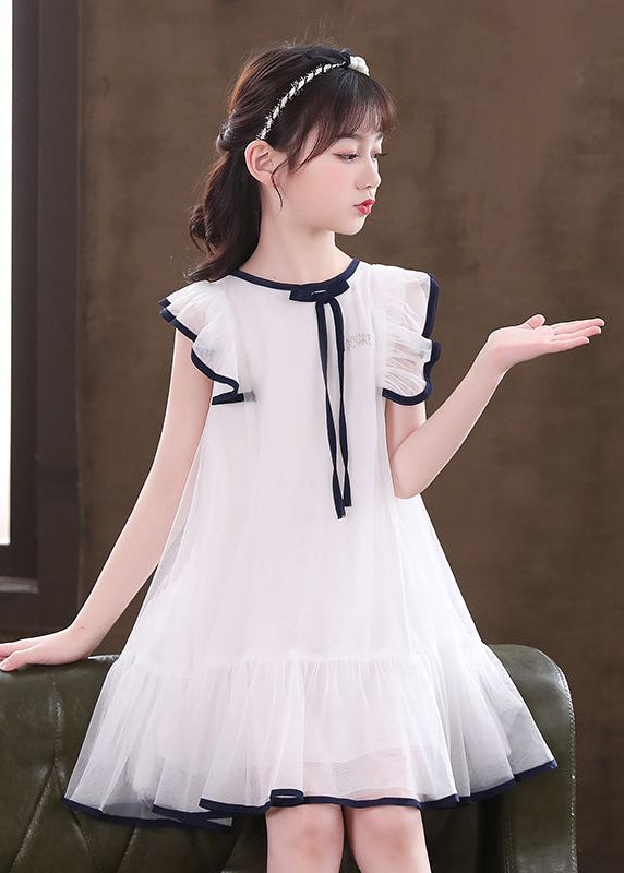 White O-Neck Bow Tulle Girls Mid Dresses Sleeveless