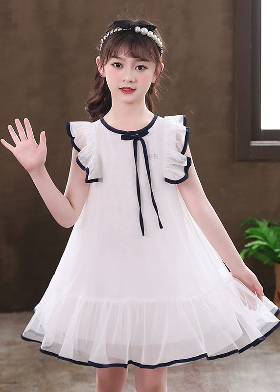 White O-Neck Bow Tulle Girls Mid Dresses Sleeveless