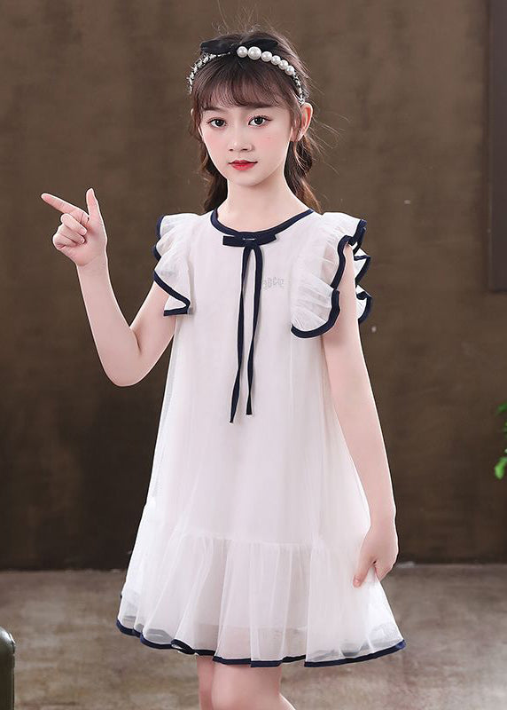 White O-Neck Bow Tulle Girls Mid Dresses Sleeveless