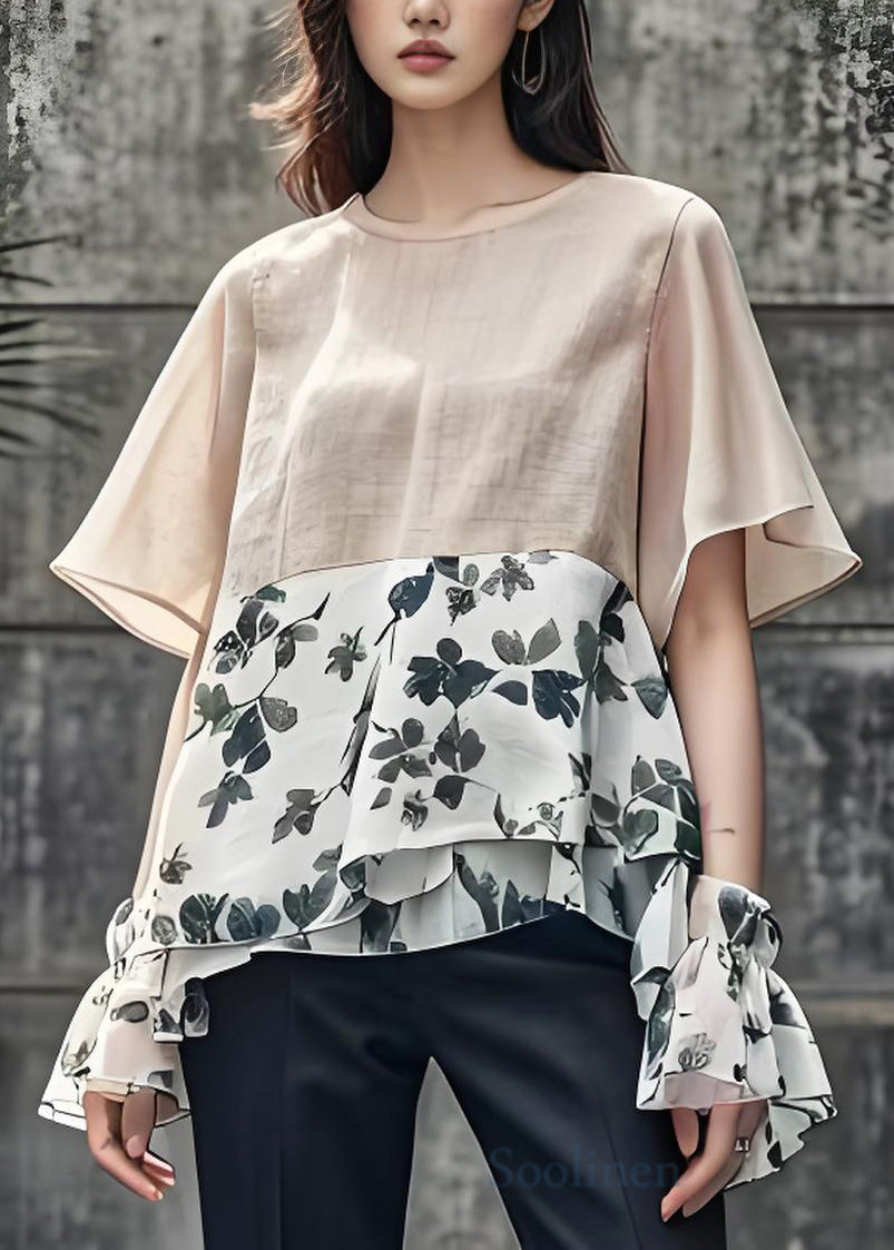 Women Beige Oversized Patchwork Print Cotton Top Summer