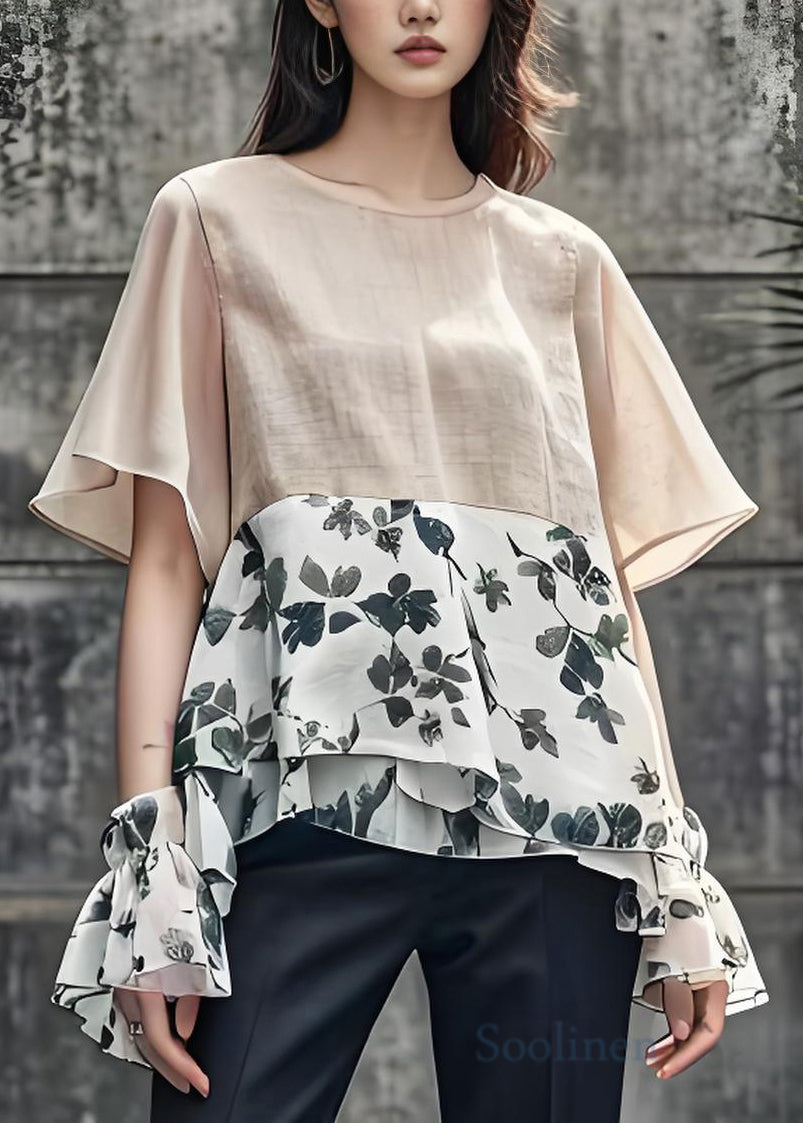 Women Beige Oversized Patchwork Print Cotton Top Summer