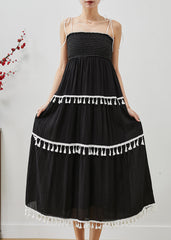 Women Black Tasseled Cotton Summer Spaghetti Strap Dress