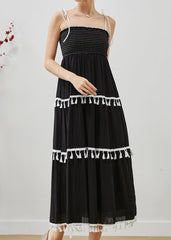 Women Black Tasseled Cotton Summer Spaghetti Strap Dress