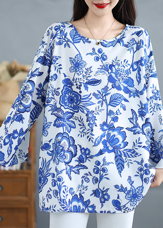 Women Blue O Neck Print Plus Size Cotton Tops Fall