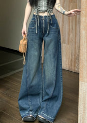 Women Blue Zip Up Pockets Denim Wide Leg Pants Summer