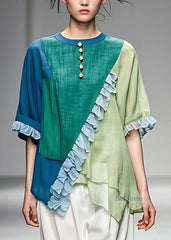 Women Colorblock O-Neck Asymmetrical Ruffled Button Top Short Sleeve