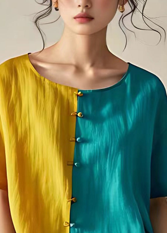 Women Colorblock O-Neck Button Tops Summer