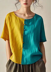 Women Colorblock O-Neck Button Tops Summer