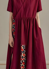 Women Dark Red V Neck Pockets Patchwork Cotton Dress Summer