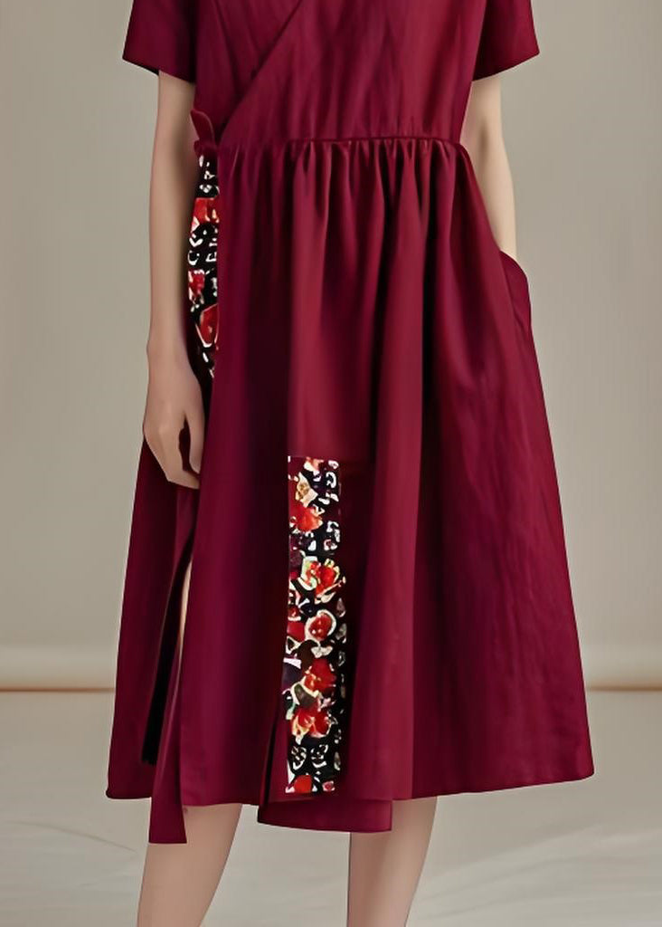 Women Dark Red V Neck Pockets Patchwork Cotton Dress Summer