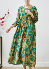 Women Green Cinched Print Cotton Long Dress Spring