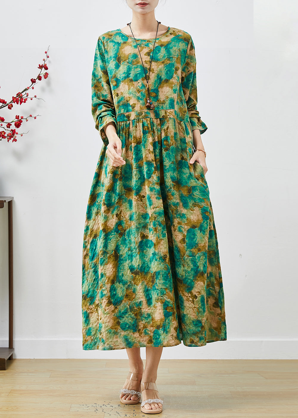 Women Green Cinched Print Cotton Long Dress Spring