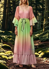 Women Green Patchwork Chiffon Maxi Dress Fall