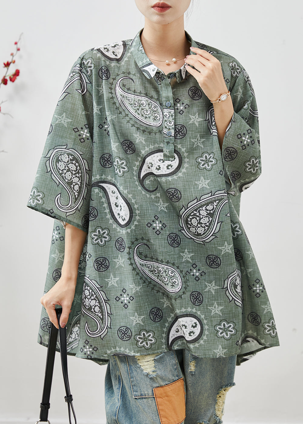 Women Grey Oversized Print Cotton Shirt Top Summer