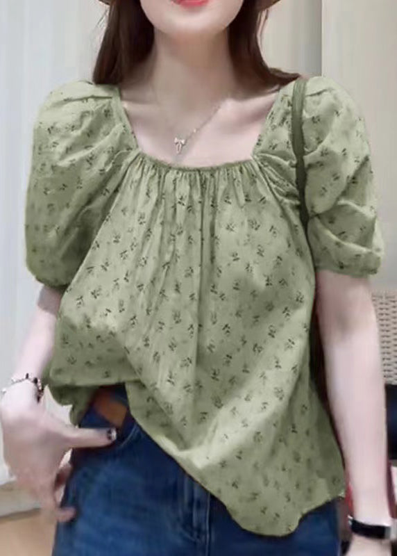 Women Khaki Square Collar Print Cotton Top Summer