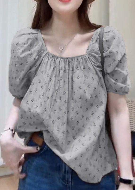 Women Khaki Square Collar Print Cotton Top Summer