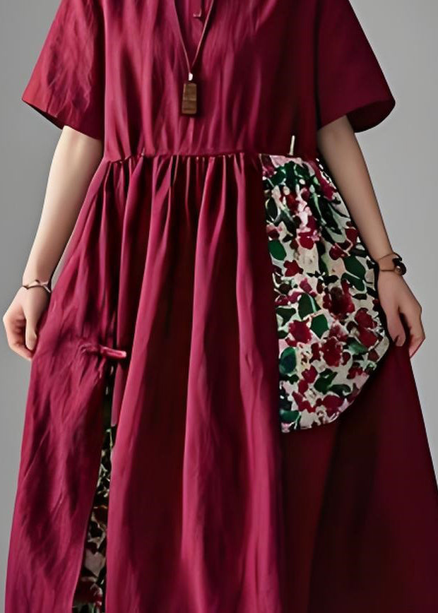 Women Mulberry Peter Pan Collar Print Patchwork Cotton Dresses Summer