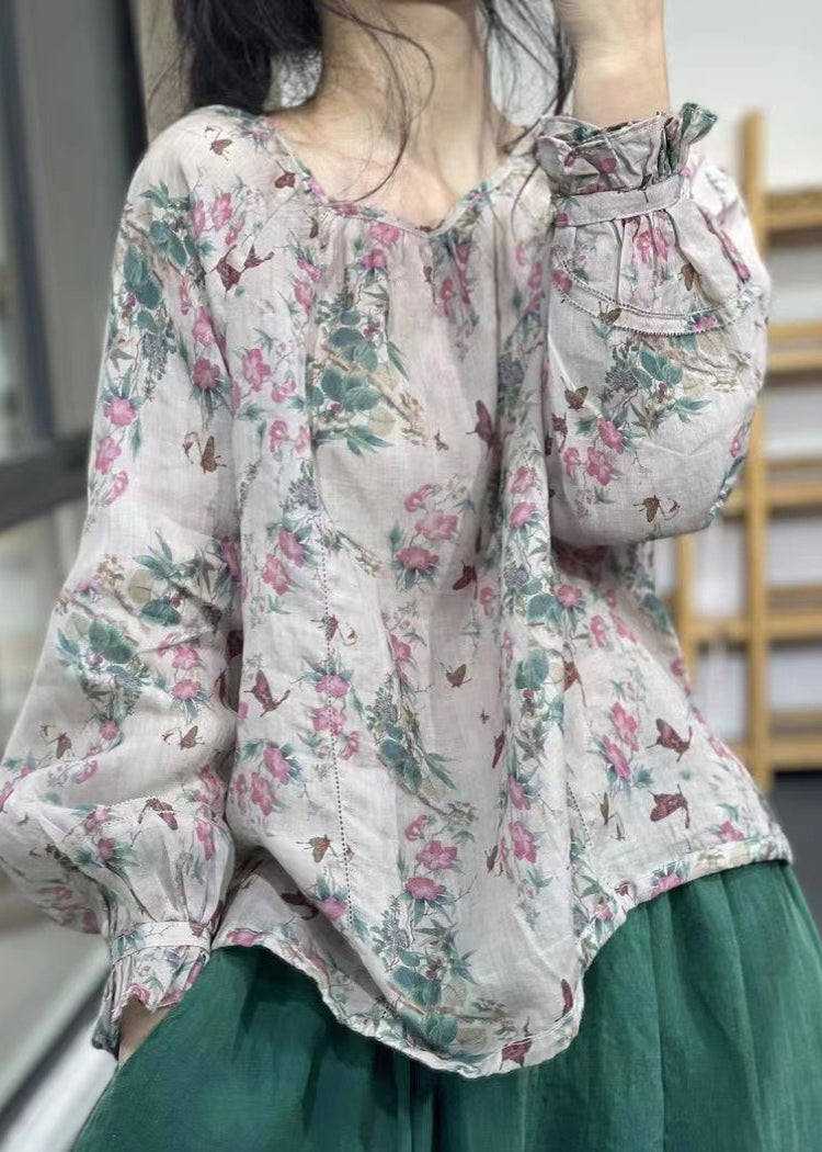 Women O-Neck Print Linen Top Long Sleeve