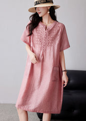 Women Pink Embroidered Oversized Linen Dresses Summer